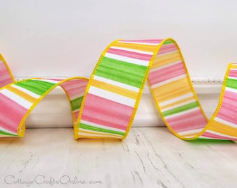 Wired Ribbon, 1.5", Pink, Yellow, Green Stripe - TEN YARD ROLL ~ Bridgewater ~ Spring, Summer, Easter Wire Edged Ribbon