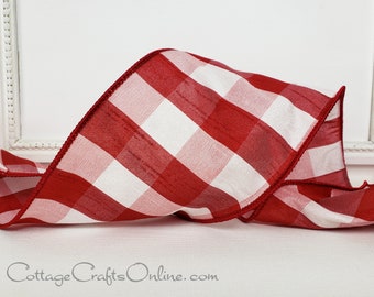 Wired Ribbon, 4" wide, Red, White Faux Silk Dupioni Plaid - TEN YARDS - Offray ~ Bono Red ~ Valentine, Christmas Check Wire Edged Ribbon