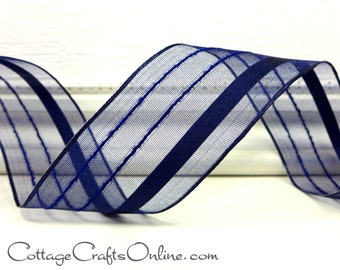 Wired Ribbon, 1.5",  Navy Blue Striped Semi-Sheer - FIFTY YARD ROLL - Offray "Kempton Navy", Patriotic, July 4th Wire Edged Ribbon