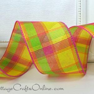 Wired Ribbon, 2.5, Yellow, Pink, Orange, Lime Green Check Plaid THREE YARDS Offray Fruit Salad, Spring, Summer, Wire Edged Ribbon image 1