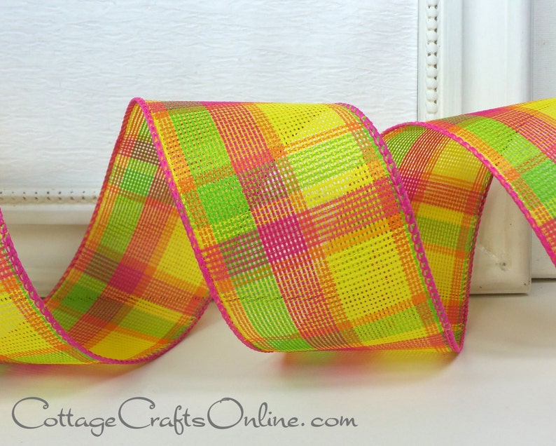 Wired Ribbon, 2.5, Yellow, Pink, Orange, Lime Green Check Plaid THREE YARDS Offray Fruit Salad, Spring, Summer, Wire Edged Ribbon image 1