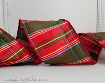 Christmas Wired Ribbon, 4" wide, Red, Mossy Olive Green, Faux Dupioni Tartan Plaid Stripe  - TEN YARD Roll ~ Offray ~  Spiegel ~ Wire Edged