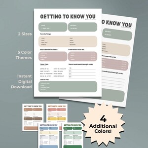 Pu&ograve; includere: Download digitale di fogli stampabili "Getting to Know You" in vari colori. I fogli includono sezioni per nome, compleanno, cose preferite e preferenze. Disponibile in 2 dimensioni e 5 temi di colore, con 4 colori aggiuntivi.