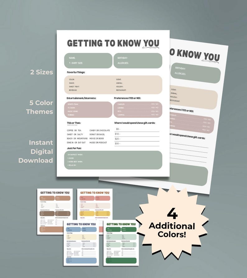 Pu&ograve; includere: Download digitale di fogli stampabili "Getting to Know You" in vari colori. I fogli includono sezioni per nome, compleanno, cose preferite e preferenze. Disponibile in 2 dimensioni e 5 temi di colore, con 4 colori aggiuntivi.