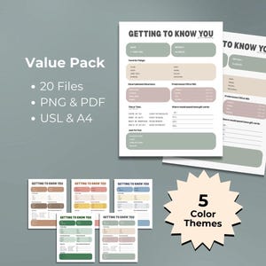 Pu&ograve; includere: Un pacchetto di valore di fogli stampabili "Getting to Know You" in cinque temi di colore. Il pacchetto include 20 file in formato PNG e PDF, disponibili nei formati US Letter e A4. I fogli hanno sezioni per dettagli personali e preferenze.