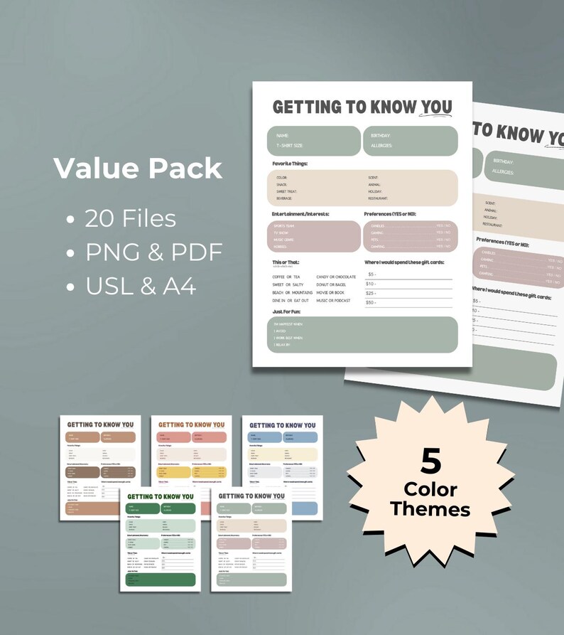 Pu&ograve; includere: Un pacchetto di valore di fogli stampabili "Getting to Know You" in cinque temi di colore. Il pacchetto include 20 file in formato PNG e PDF, disponibili nei formati US Letter e A4. I fogli hanno sezioni per dettagli personali e preferenze.