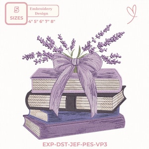 May include: An embroidery design featuring a stack of books in shades of purple, topped with lavender and a large bow. The design includes text indicating sizes: 4", 5", 6", 7", and 8".