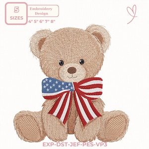 May include: A brown teddy bear embroidery design with a patriotic bow tie featuring the American flag. The design includes five sizes: 4", 5", 6", 7", and 8". The text "Embroidery Design" and "SIZES" are also present.