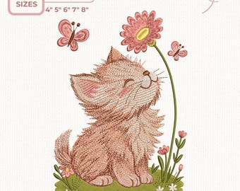 Lindo diseño de bordado de gatito primaveral: gato con flores y mariposas. Bordado a máquina vintage en tonos pastel, 5 tamaños.