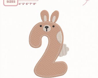 Nummer 2 Hase Stickdatei, Applikation, Stickmuster, Stickdatei für Kinder
