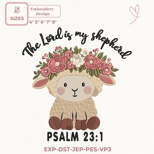 Può includere: Un disegno per ricamo con un agnello dei cartoni animati con una corona floreale e la scritta "The Lord is my shepherd" sopra. Sotto l'agnello c'è la scritta "PSALM 23:1". Il disegno è disponibile in 5 misure: 10 cm, 13 cm, 15 cm, 18 cm e 20 cm.