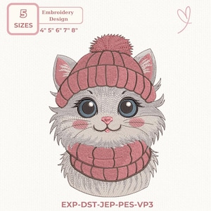 May include: An embroidery design featuring a charming cat in a pink hat and scarf. The cat has big blue eyes and rosy cheeks. Available in 5 sizes: 10 cm, 13 cm, 15 cm, 18 cm, and 20 cm. The text "EXP-DST-JEP-PES-VP3" is at the bottom of the design.