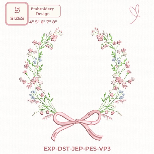 Monogram Frame Embroidery Design, Floral Wreath Frame with bow, 5 Sizes, dst,des, exp, jep, vp3