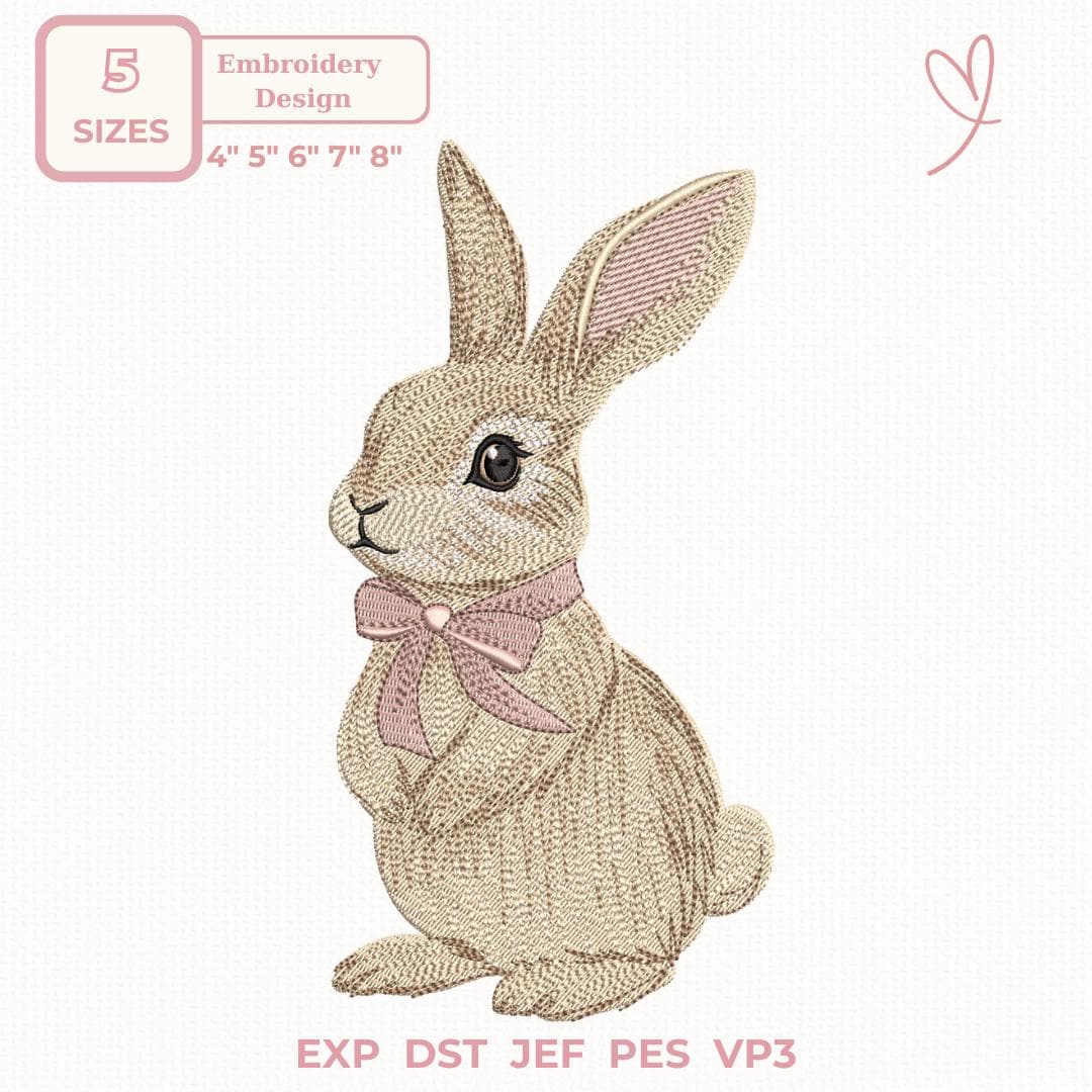 Standing Rabbit Embroidery Design Vintage Bunny Embroidery Design โ Standing Rabbit With Pink Bow Machine ...