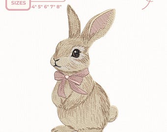 Vintage Bunny Embroidery Design – Standing Rabbit with Pink Bow Machine Embroidery File, 5 sizes, Instant Download