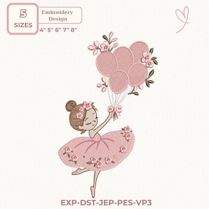 Può includere: Un disegno di ricamo con una ballerina dei cartoni animati in un vestito rosa che tiene in mano dei palloncini rosa. Il disegno include il testo "5 TAGLIE" e misure di 10,16 cm, 12,7 cm, 15,24 cm, 17,78 cm e 20,32 cm. Il disegno include anche il testo "Design del ricamo" e "EXP-DST-JEP-PES-VP3".