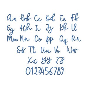 May include: A complete set of uppercase and lowercase letters from A to Z and numbers from 0 to 9, rendered in a blue, cursive, embroidered-style font. Each character features a continuous, flowing line design against a plain white background.