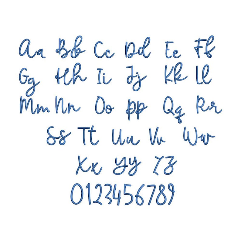 May include: A complete set of uppercase and lowercase letters from A to Z and numbers from 0 to 9, rendered in a blue, cursive, embroidered-style font. Each character features a continuous, flowing line design against a plain white background.