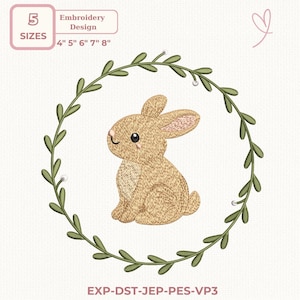 May include: An embroidery design featuring a tan bunny inside a green leaf wreath. The design includes the text "5 SIZES" and measurements of 4", 5", 6", 7", and 8". The design also includes the text "Embroidery Design".