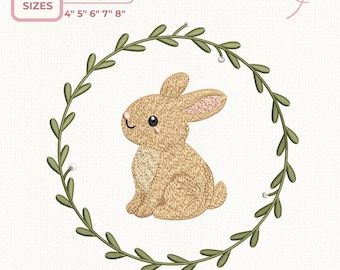 Hase Stickdatei, Waldkaninchen Blumenkranz Stickdatei, Stickdatei für das Kinderzimmer, 5 Größen, Instant Download