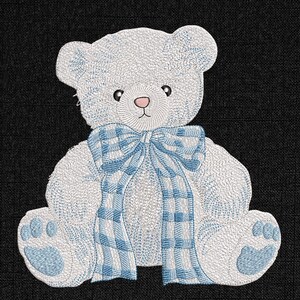 May include: Embroidered white teddy bear with a blue plaid bow and accents. The bear has a pink nose and is set against a dark background. The design is detailed and suitable for baby items or nursery decor.