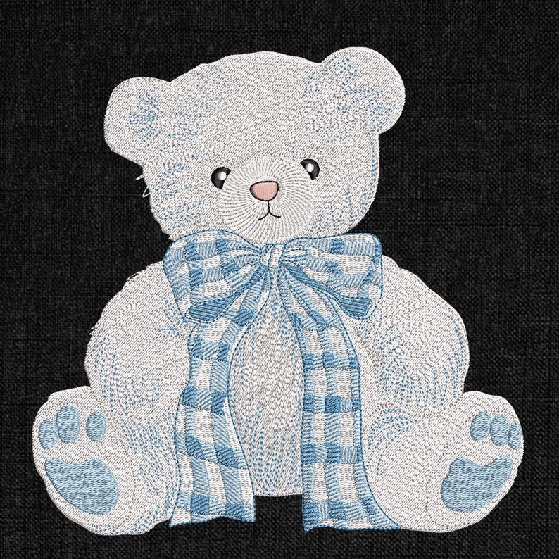 May include: Embroidered white teddy bear with a blue plaid bow and accents. The bear has a pink nose and is set against a dark background. The design is detailed and suitable for baby items or nursery decor.