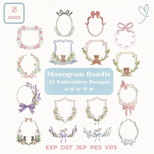 Embroidery monogram design bundle, Monogram  Wreath Crest Embroidery Bundle,  Instant Download dst,des, exp, jep, vp3