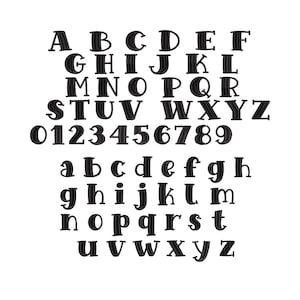 May include: A complete set of black embroidered characters featuring uppercase letters A through Z, lowercase letters a through z, and numerals 0 through 9. Each character displays a distinct stitched texture with a bold, rounded font style.