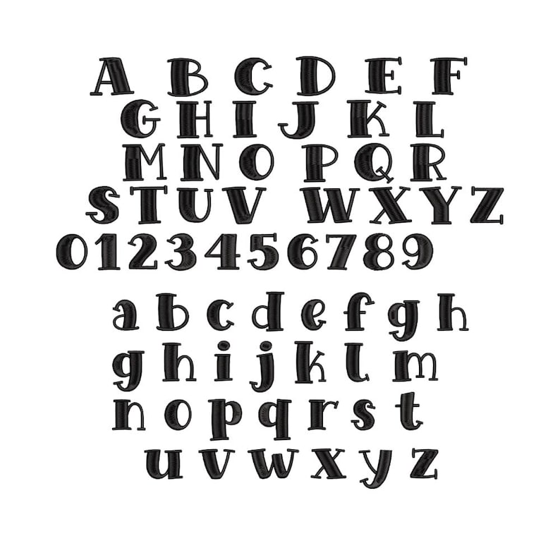 May include: A complete set of black embroidered characters featuring uppercase letters A through Z, lowercase letters a through z, and numerals 0 through 9. Each character displays a distinct stitched texture with a bold, rounded font style.