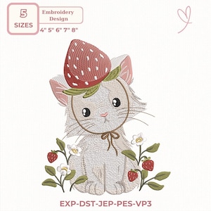 Puede incluir: Un diseño de bordado con un gatito con un sombrero de fresa, rodeado de plantas de fresa y flores. El diseño incluye 5 tamaños: 10 cm, 13 cm, 15 cm, 18 cm y 20 cm. También está presente el texto "Embroidery Design" y "EXP-DST-JEP-PES-VP3".