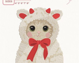Lindo gatito con disfraz de oveja, diseño de bordado, sudadera de cordero con lazo rojo, patrón de bordado a máquina de animales kawaii
