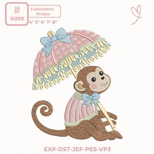 Peut inclure: Motif de broderie représentant un singe de dessin animé tenant un parasol. Le singe porte une tenue rayée rose et blanche et un nœud bleu. Le parasol est rose et bleu avec des bordures décoratives. Tailles indiquées de 10.16 cm à 20.32 cm.