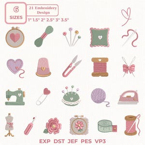 Könnte beinhalten: Eine digitale Sammlung von 21 Stickmustern mit Näh-Motiven, darunter Stickrahmen, Garn, Nadeln, Stecknadeln, ein Fingerhut, eine Schere, eine Nähmaschine, ein Nadelkissen, ein Wollknäuel, ein Bügeleisen, eine Schneiderpuppe und ein Maßband.