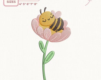Sleeping Bee on Flower Embroidery Design – Cute Kawaii Bee Machine Embroidery File, 5 sizes, Instant Download