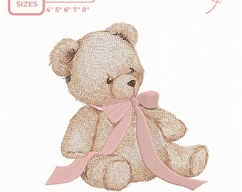 Teddy Bear Embroidery Design, Cute Baby Bear with Bow, Soft Neutral Nursery Embroidery File, 5 Sizes, dst,des, exp, jep, vp3