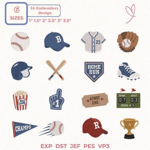 May include: A collection of sixteen baseball-themed embroidery designs including a baseball, blue cap, jersey with number 23, glove, helmet, bats, home run sign, cleat, popcorn, foam finger, ticket, scoreboard, pennant, and trophy.