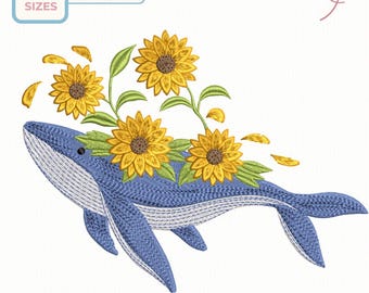 Whale Embroidery Design with Sunflowers, Ocean Animal File, Blue Whale Floral Embroidery Pattern,  5 sizes, Instant Download