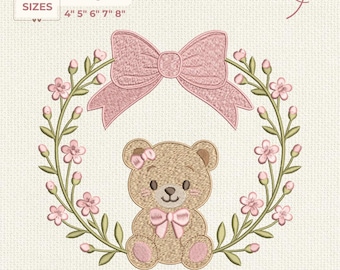 Bear Frame Embroidery Design, Baby Girl Embroidery Design, Teddy Bear Bow Frame Nursery Monogram, Baby Shower Gift (Digital Download)