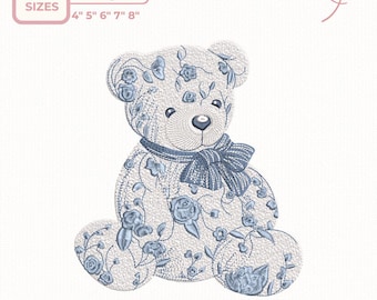 Teddy Bear Embroidery Design, Floral Teddy Bear Embroidery Design, Baby Nursery Vintage Style, Instant Download dst,des, exp, jep, vp3