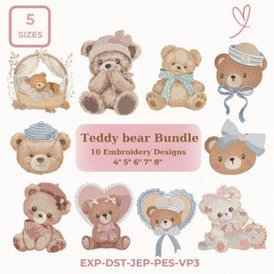 Bundel borduurwerk teddybeer – hart frame beer, babymeisje kinderkamer, 5 maten, dst,des, exp, jep, vp3