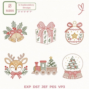 May include: A set of six Christmas embroidery designs including bells with holly, a gift box, a star ornament, a reindeer face, a train carrying a tree, and a snow globe. Text includes 5 SIZES 3" 4" 5" 6" 7" and EXP DST JEF PES VP3.