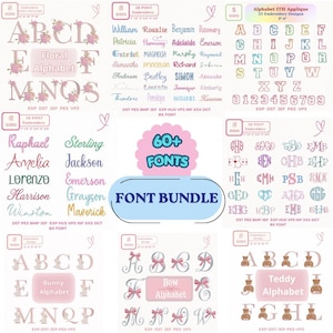 Peut inclure: Un ensemble de polices de broderie numérique comprenant plus de 60 polices, avec des alphabets floraux, lapins, nœuds et oursons, des styles de monogrammes et divers exemples de noms. La collection présente plusieurs styles, tailles et formats.