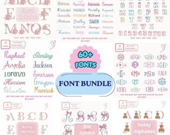 Bundle 60+ Embroidery Font, Monogram Script Alphabet, ITH Applique Tag Handwritten Font, Floral Bow Teddy Bunny Applique 6 Sizes 11 Formats