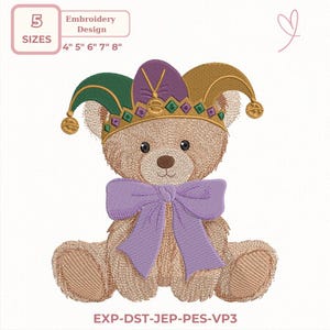 May include: An embroidered teddy bear design wearing a jester's hat and a purple bow. The design includes sizes 4", 5", 6", 7", and 8". The text "Embroidery Design" and "5 SIZES" are also present.