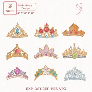 May include: Nine embroidery designs of princess crowns in various styles and colours, including gold, pink, and blue. The designs are labelled with sizes ranging from 10.16cm to 20.32cm. The image also includes the text "Embroidery Design" and "5 SIZES".