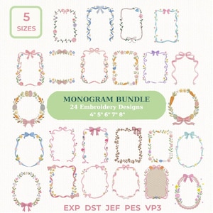 Può includere: Una collezione di 24 disegni per ricamo con cornici e ghirlande decorate con fiori e fiocchi. Disponibili in 5 misure: 10 cm, 13 cm, 15 cm, 18 cm e 20 cm. Il testo "MONOGRAM BUNDLE" è incluso.
