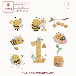 Può includere: Set di design per ricamo con api dei cartoni animati con fiori, vasetti di miele e il numero uno. Include il testo "Bee like Jesus" e "Honey". Taglie disponibili: 10 cm, 13 cm, 15 cm, 18 cm e 20 cm.