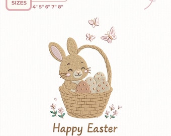 May include: An Easter embroidery design featuring a smiling bunny in a woven basket with Easter eggs. The design includes butterflies and the text "Happy Easter". Available in 5 sizes: 4", 5", 6", 7", and 8".