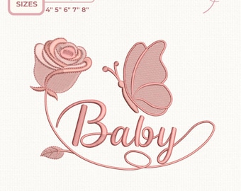 Baby Embroidery Design, Rose and Butterfly Satin Script, Newborn Machine Embroidery, 5 sizes