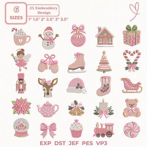 May include: A collection of 25 pink and white Christmas-themed embroidery designs including a snowman, gingerbread house, gift, fairy, ice skate, tree, candy cane, nutcracker, deer, stocking, sleigh, poinsettia, teapot, bells, candle, bear, and train.